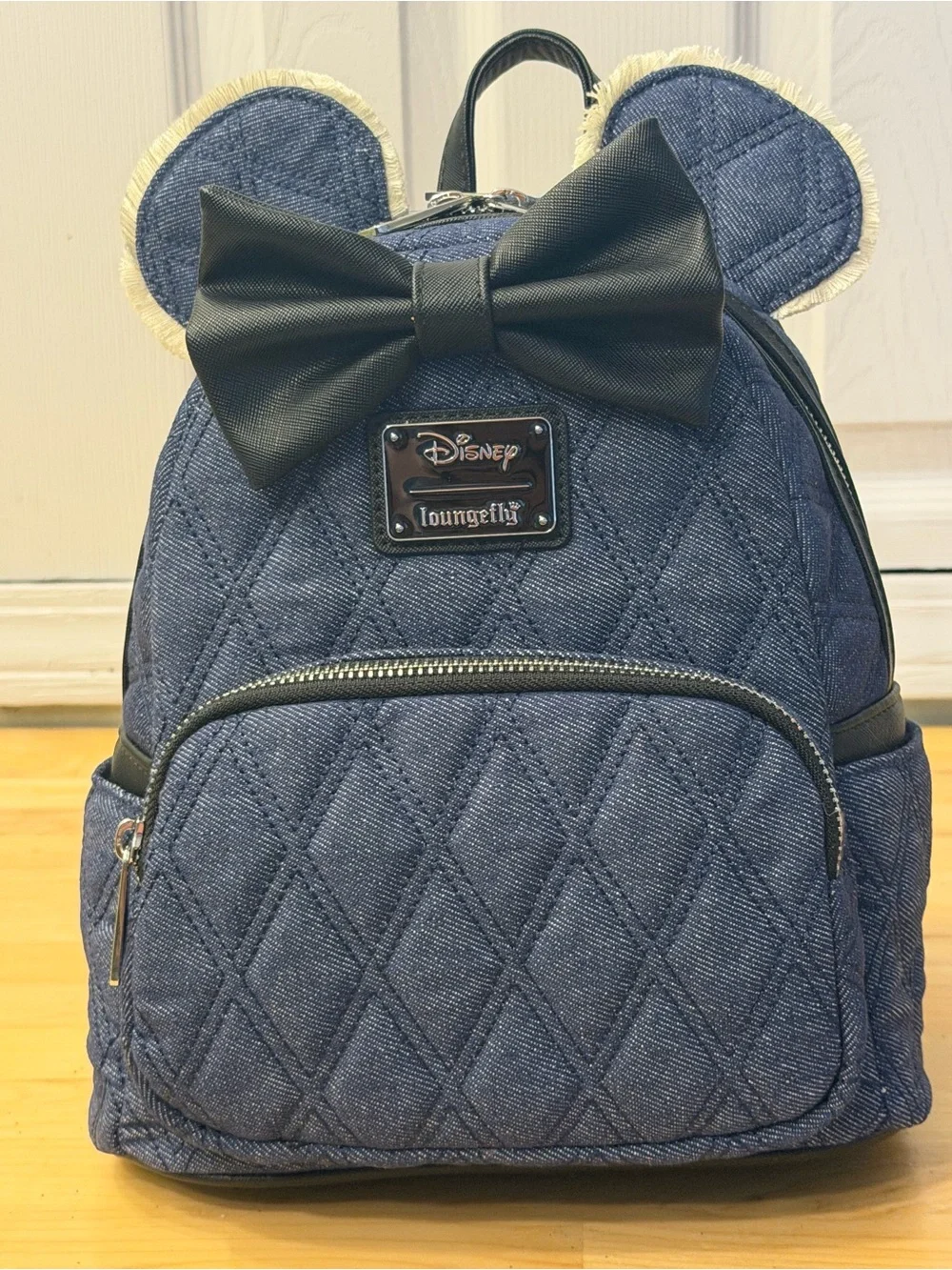 Loungefly Denim Quilted Kids Mini Backpack with Black Bow